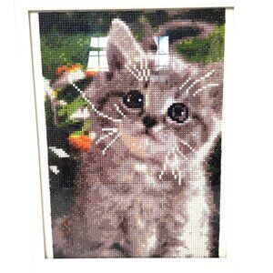 handmade beaded art colorful kitty cat picture 15"h x 12"w with frame.